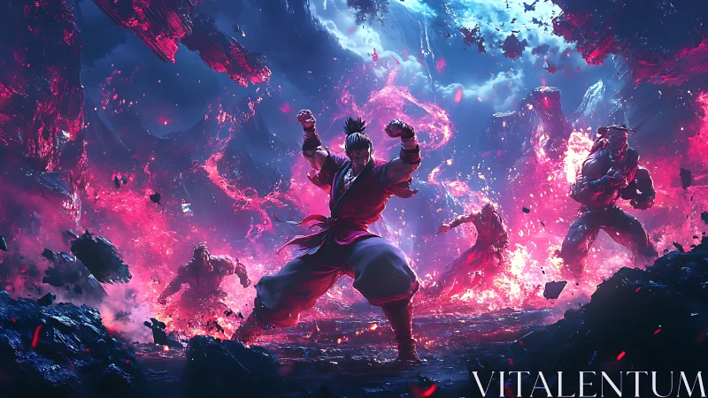 Martial artist charges energy amid glowing red cosmic battlefield