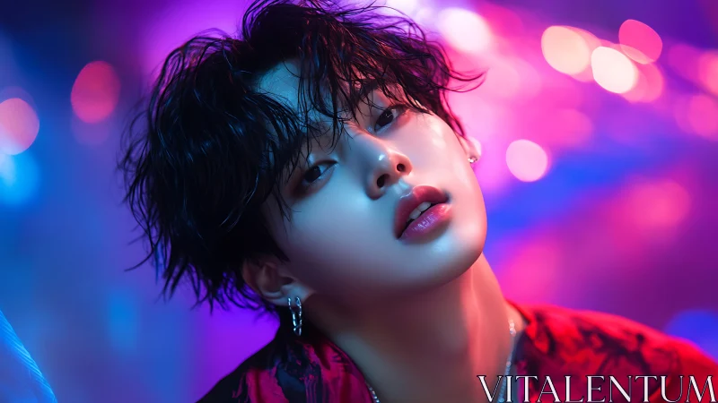 Portrait of young person under neon bokeh lighting at night.