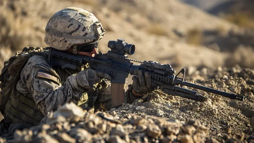 Desert-cloaked soldier braced in sunlit ridgeline watch.