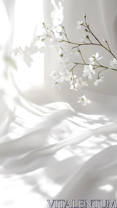 White blossoms cast soft shadows across flowing fabric.