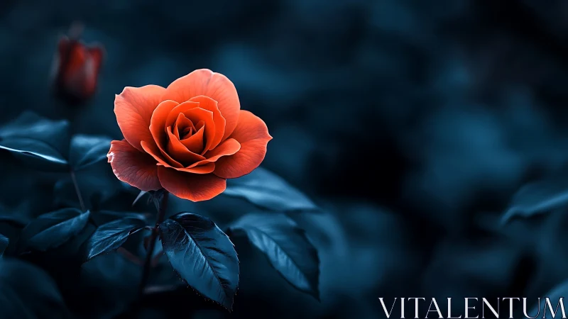 Red rose with blue foliage and dark background.