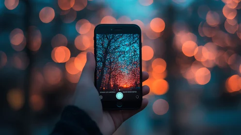 Hand captures glowing sunset bokeh through smartphone lens
