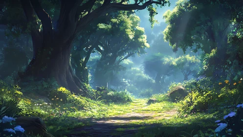 Ancient Forest Path with Filtered Sunlight.