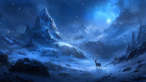Lone stag illuminated in a moonlit alpine snowstorm panorama