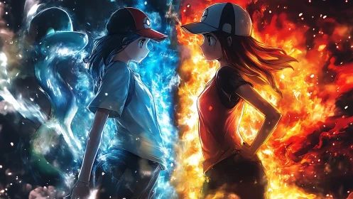 Anime elemental duel with mirrored fire and water composition.