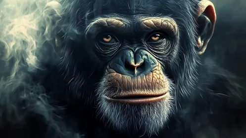Primate portrait glows with hyperreal smoky atmosphere.
