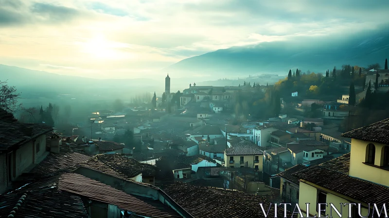 Morning mist drifts slowly across the tiled hilltop town
