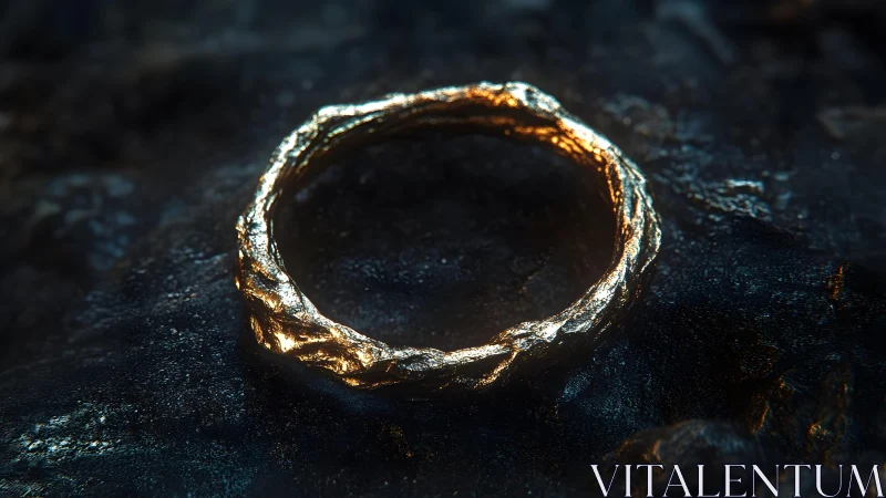 Rough-textured gold ring on dark stone background, dramatic lighting.
