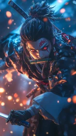 Demonic samurai warrior lunges forward through burning embers