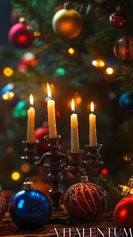 Candlelit bauble chorus under whispering Christmas bokeh.