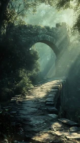 Ancient stone bridge glows softly in a misty forest dawn