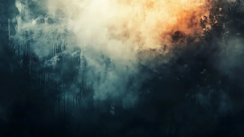 Soft dawn rising through stormy abstract misty clouds.