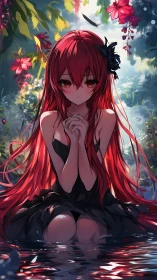 Red-haired anime girl kneels in reflective water under floral canopy