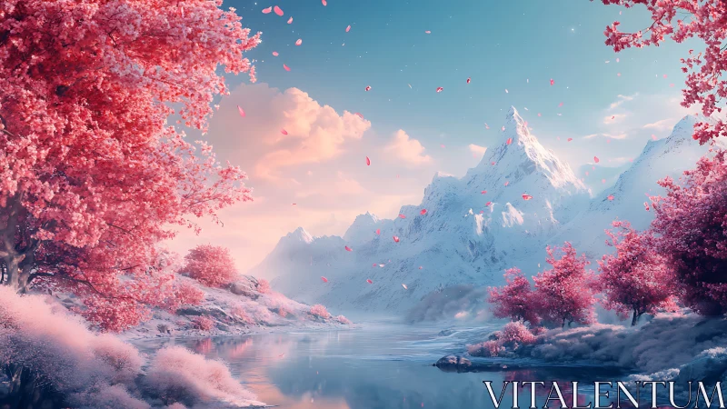 Snowcapped mountains with pink trees by reflective lake.