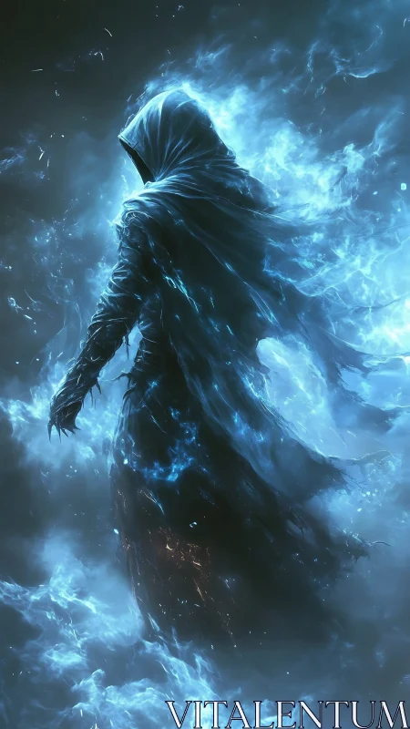 Hooded wraith walking through swirling blue ethereal fire.