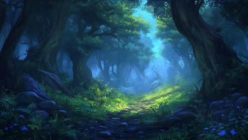 Bioluminescent Forest Sanctuary Glows Between Ancient Gnarled Trees