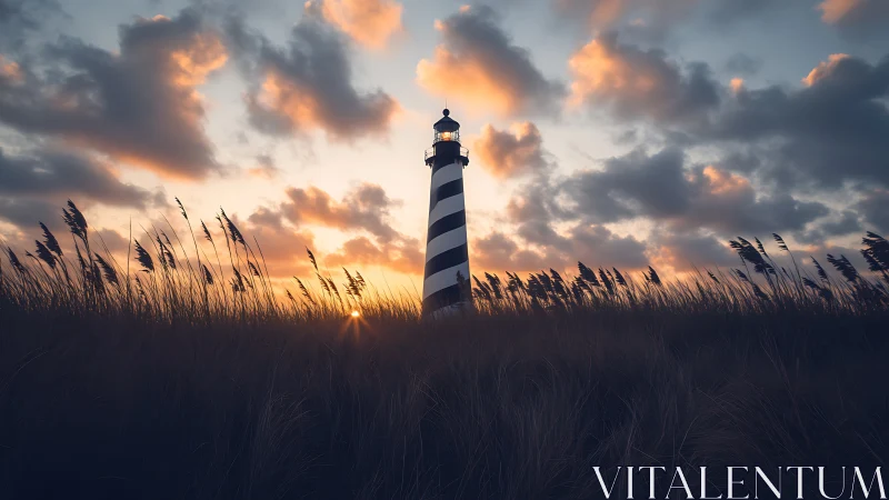Striped lighthouse rises above windswept dunes at sunset.
