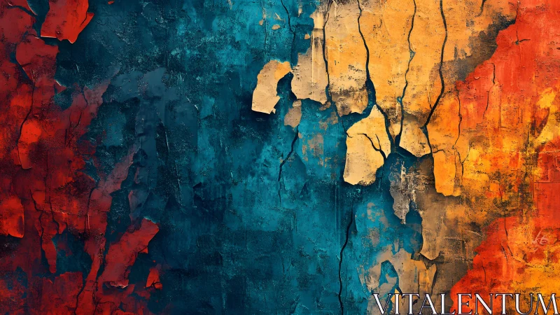 Abstract Cracked Wall Texture with Bold Red, Blue, and Yellow Hues.