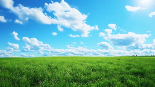 Gentle summer field under playful clouds and bright sky.