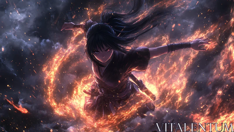 Fire-wreathed anime warrior explodes through a stormy sky