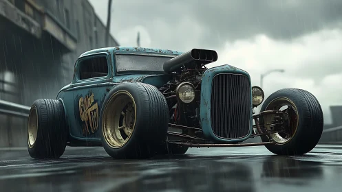 Custom blue hot rod coupe on wet urban street in rain.