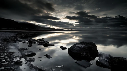 Moody rocky shoreline curves around a glassy twilight lake.