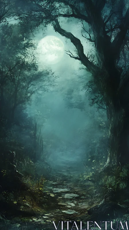 Moonlit forest path beneath ancient trees
