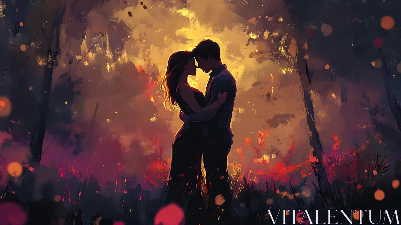 Couple Embracing in Fire and Light