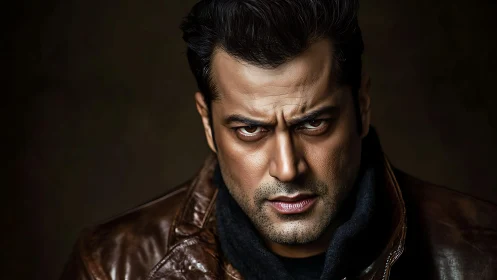 High-contrast male portrait with intense gaze and leather jacket