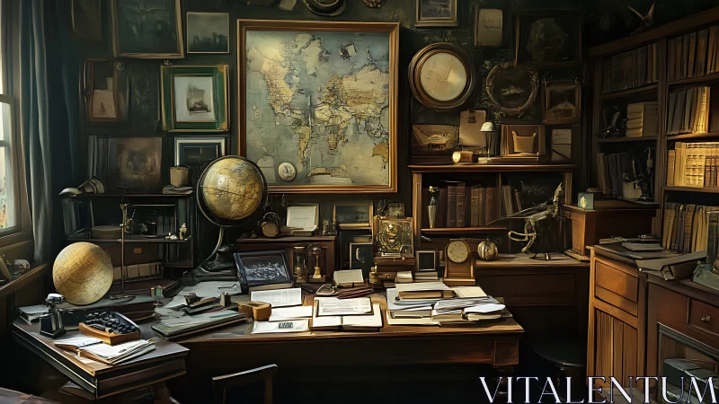 Cozy explorer’s study filled with maps, globes, and stories.