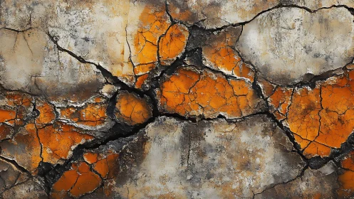 Cracked Concrete Wall with Orange and Black Abstract Texture.