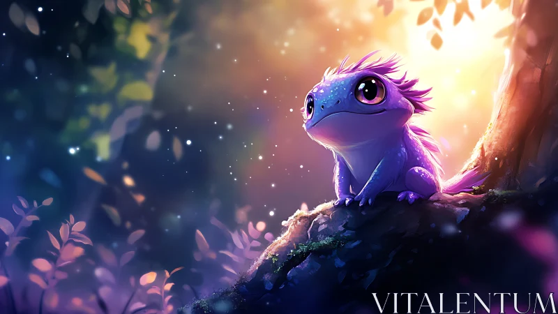 Cute violet lizard watches glowing forest sunset dreamily.
