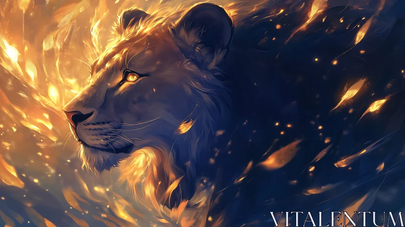 Solar-maned lion drifts through twilight embers in silence