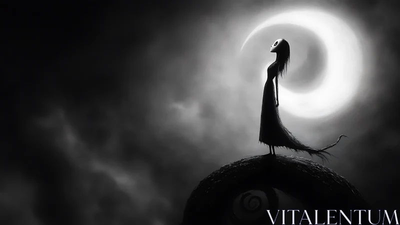 Solitary gothic figure standing beneath a crescent moon.