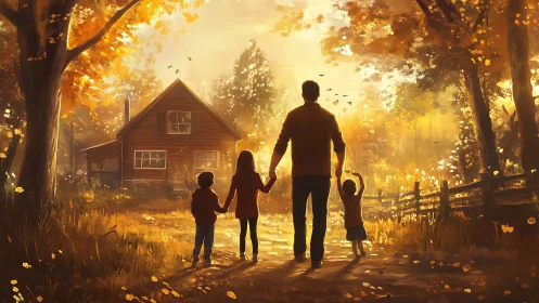 Family silhouettes in autumn landscape with residential structure
