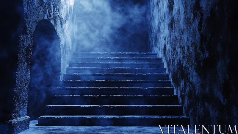 Foggy stone stairway rises through cold blue shadows.