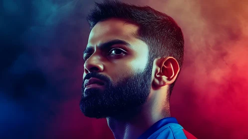 Dramatic male portrait with dual-color cinematic rim lighting