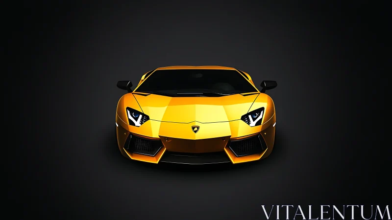 Golden supercar front view under dramatic studio lighting.