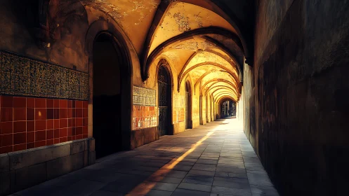 Sunlit arched corridor with tiled walls and long shadows.