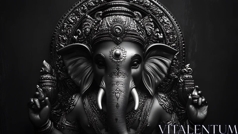 Midnight metal Ganesha radiating calm in sculpted shadows.