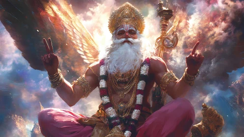 Winged Hindu deity with golden crown and raised hands.
