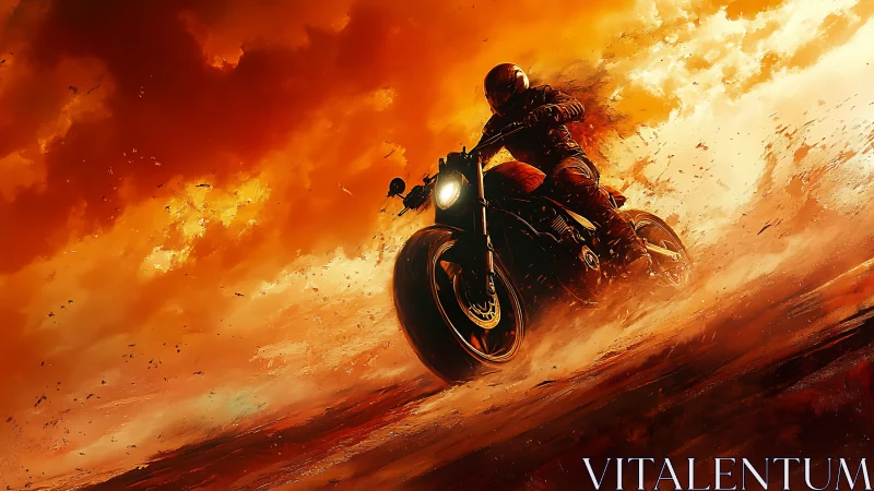 Motorcycle rider cornering through fiery dust storm at sunset