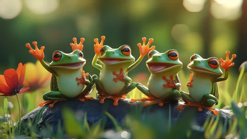 Four stylized tree frogs on rock in sunlit garden scene.