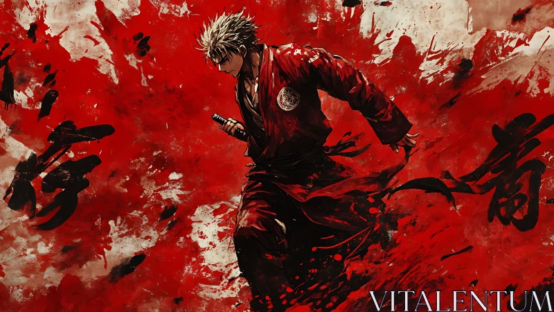 Samurai figure in red robe against abstract red field.