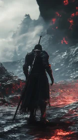 Armored figure on volcanic path with glowing lava field.