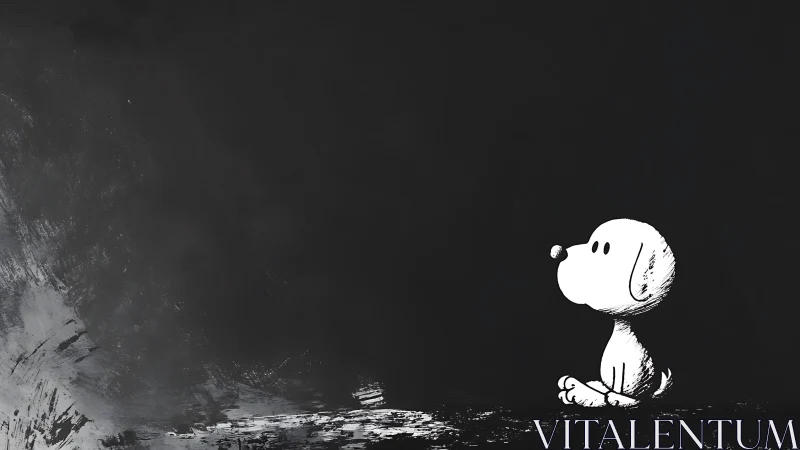 Minimalist cartoon dog contemplates in a vast dark space.