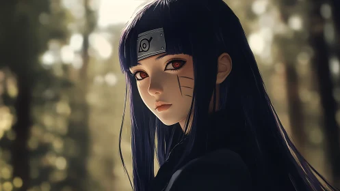 Forest morning with a quiet crimson eyed ninja girl.