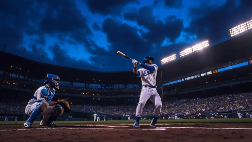 Evening baseball batter and catcher under stadium lights.