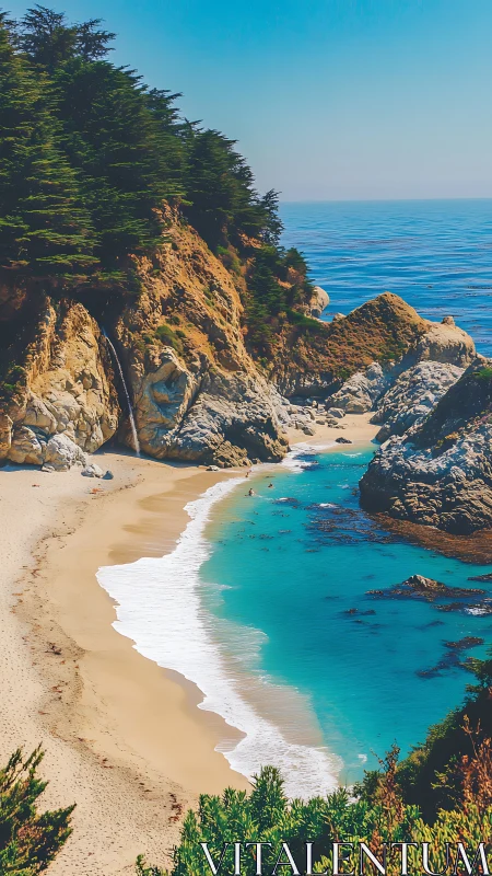 Rocky Coastal Inlet with Sandy Beach and Turquoise Waters