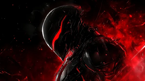 Red-illuminated exoskeletal cybernetic warrior in kinetic void.